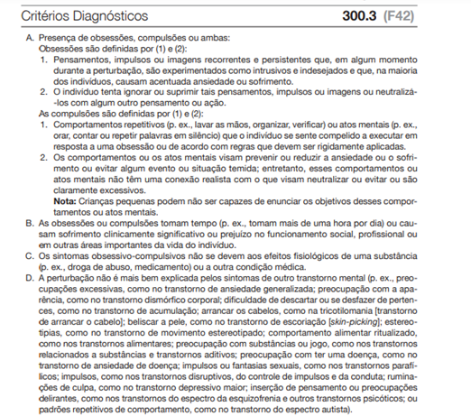 Critérios Diagnósticos referentes ao transtorno obsessivo compulsivo.